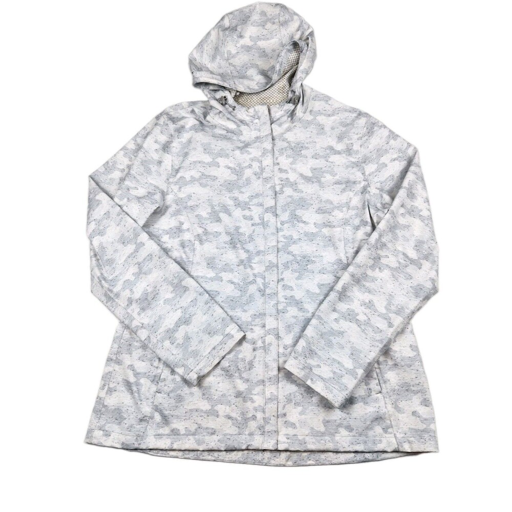 Free Country Windbreaker Rain Jacket Womens L White/Gray Hooded Pockets Full Zip